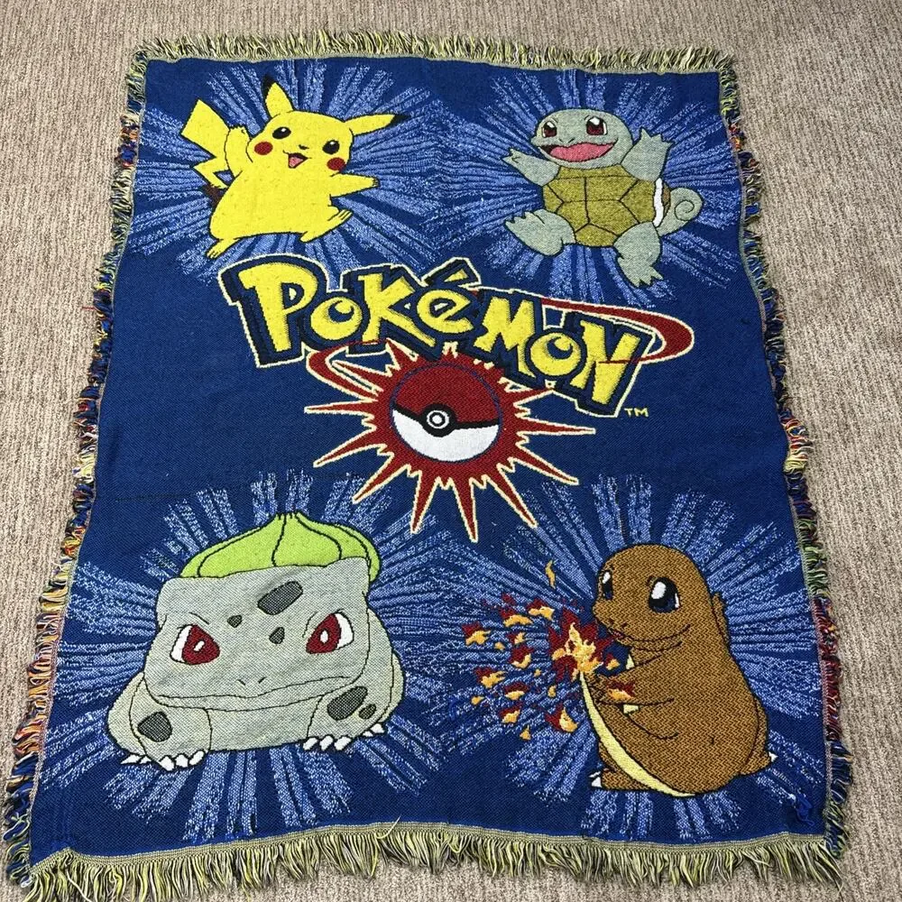 Pokemon Vintage 90s Tapestry Throw Blanket Pikachu Charmander Bulbasaur Squirtle
